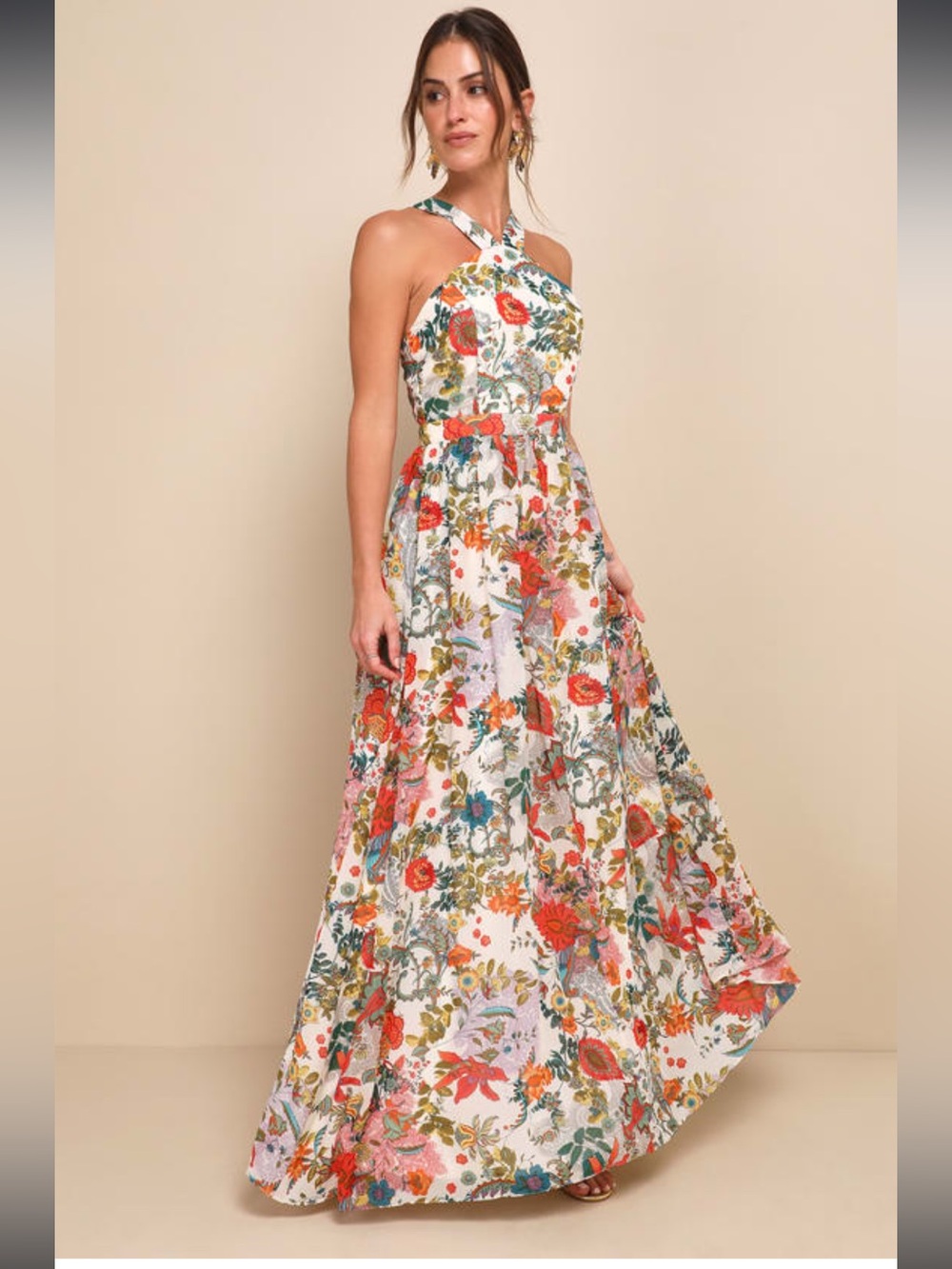 NWT Lulus Lilja Cream Floral Print Maxi Dress Size XS broken zipper